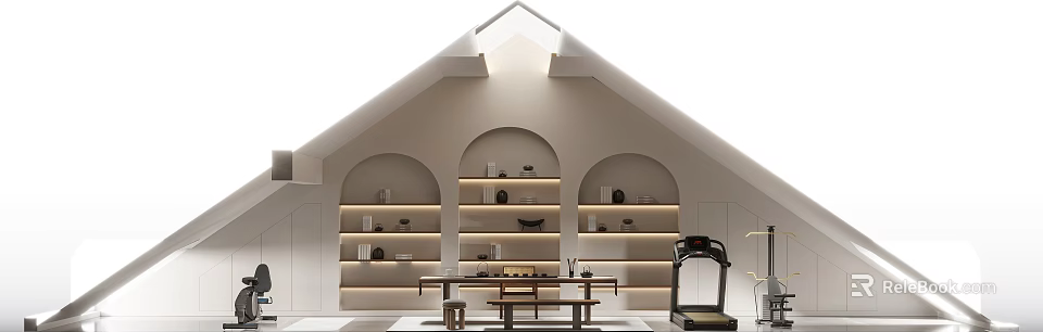 Loft Style Space With Arched Shelves Lighting Tea Table And Treadmill 3d model 