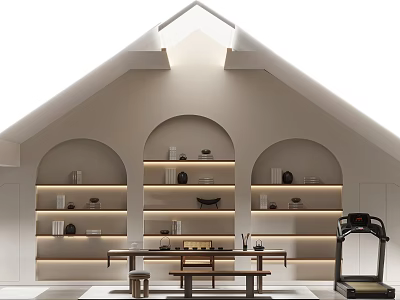 Loft Style Space With Arched Shelves Lighting Tea Table And Treadmill 3d model