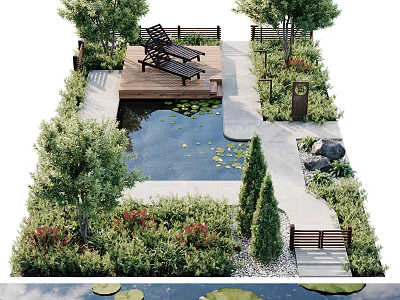 Tranquil Garden Feature With Pond Water Lilies Wooden Deck Lounge Chairs And Shrubs 3d model
