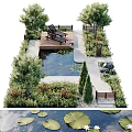 Tranquil Garden Feature With Pond Water Lilies Wooden Deck Lounge Chairs And Shrubs