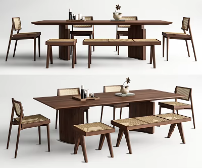 Modern Walnut Dining Table Set With Chairs Benches And Woven Seat Design 3d model