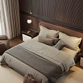 Modern Bedroom Interior With Wooden Panel Walls Bed Headboard Pillows And Winter Forest View