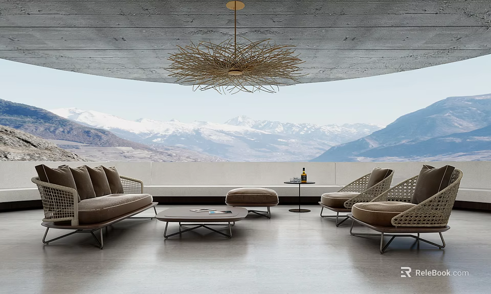 Modern Sofa and Coffee Table Combination with Armchairs Ottoman Chandelier and Snowy Mountain View 3d model 