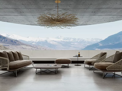 Modern Sofa and Coffee Table Combination with Armchairs Ottoman Chandelier and Snowy Mountain View 3d model