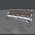 Outdoor Wooden Bench Covered with Snow with Metal Frame on Stone Pavement