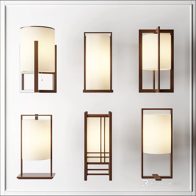 Six Modern Chinese Style Table Lamps with Wooden Frames and White Shades on White Background 3d model 