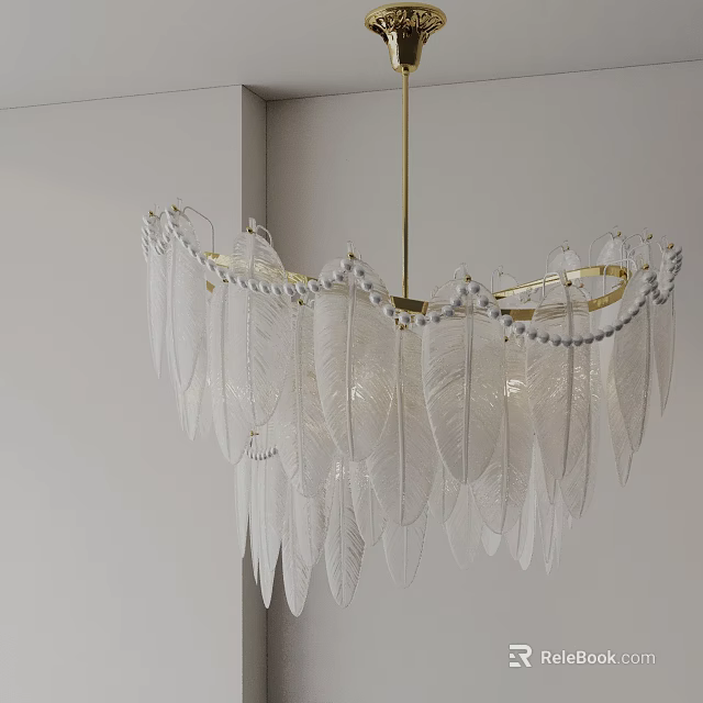 Elegant Feather Design Chandelier With Golden Frame Transparent Feathers And Pearl Accents 3d model 
