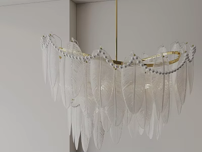 Elegant Feather Design Chandelier With Golden Frame Transparent Feathers And Pearl Accents 3d model