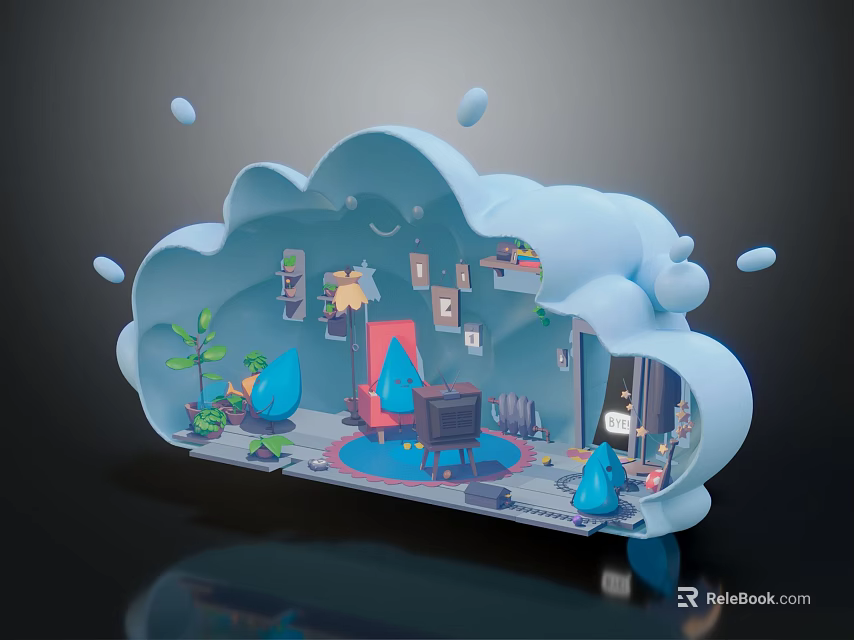 Cartoon Cloud Shaped Room Scene With Decorative Plants Furniture And Drop Ornaments 3d model 