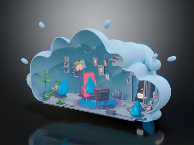 Cartoon Cloud Shaped Room Scene With Decorative Plants Furniture And Drop Ornaments 3d model