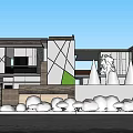 Modern Detached Villa Exterior With Geometric Design Stone Wood Cladding And Landscaped Garden Plants