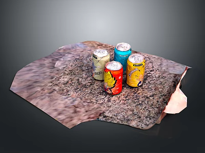 Textured Rock Surface With Four Colorful Drink Cans And Varied Designs 3d model