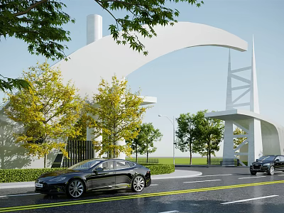 Modern Architectural Entrance Gate With Yellow Leaf Trees And Black Cars On Road 3d model