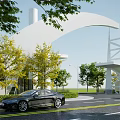Modern Architectural Entrance Gate With Yellow Leaf Trees And Black Cars On Road