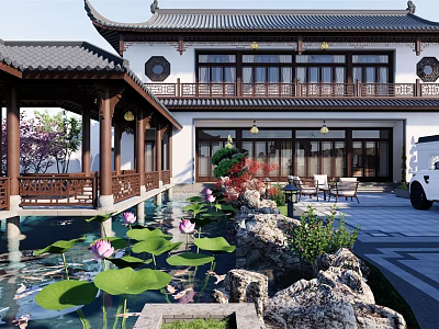 Chinese style courtyard building house landscape 3d model