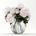 Decorative Ornament Set Featuring Pink Peonies In Transparent Glass Vase With Green Leaves