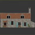 Traditional Country Cottage With Red Roof Stone Walls Chimney Green Shutters And Small Porch