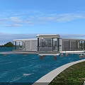 Floating Waterfront House With Circular Wooden Deck Connected To Shore And Scenic Water