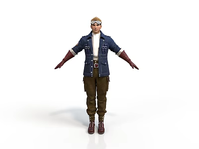 Everyday Casual Outfit With Denim Jacket Brown Pants Leather Gloves Boots And Goggles For Daily Use 3d model