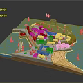 Cartoon Island Scene With Colorful Houses Boats Sandy Beach And Blue Ocean