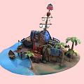 Cartoon Pirate Island Scene With Wooden Ship Hut Palm Trees And Blue Water