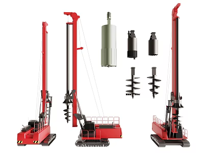 Red Crawler Mounted Industrial Pile Drivers With Drill Bits And Accessories 3d model