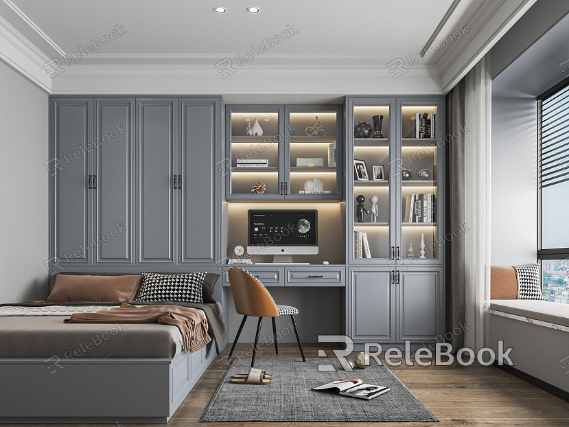 Jane European Tatami Bedroom Fabric Bed Computer Desk Bookcase Wardrobe Computer Chair Jewelry Desk Wardrobe Combination model