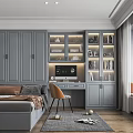 Modern Tatami Bedroom Interior With Grey Built-in Wardrobes Desk Area Chair Rug And Window Blinds