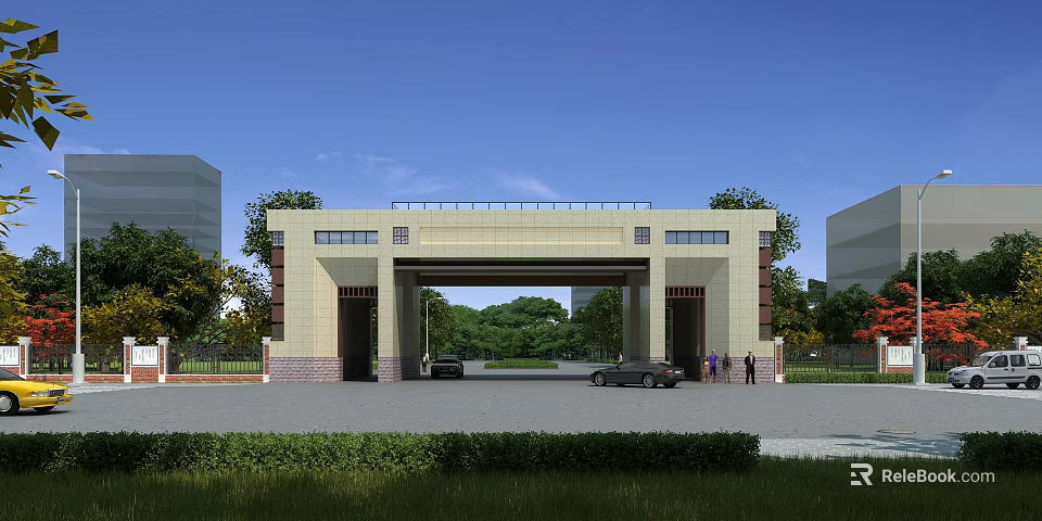 Modern Style Entrance Gate With Stone Structure Trees Parked Cars And Green Trees 3d model 