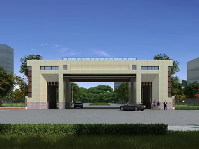 Modern Style Entrance Gate With Stone Structure Trees Parked Cars And Green Trees 3d model