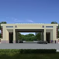 Modern Style Entrance Gate With Stone Structure Trees Parked Cars And Green Trees
