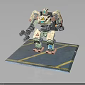 3D Robot Model With White Green Brown Body Mechanical Arms And Blue Platform Yellow Lines