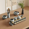 Elegant Ceramic Tea Set With Teapot Cups Tray On Wooden Table And Green Plant