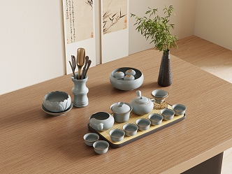 New Chinese Tea Set Green Plant 3d model