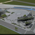 Modern Commercial Square Landscape With Glass Curtain Wall Building Fountains And Sunset Sky