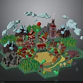 Cartoon 3D Village Scene With Red Roofed Buildings Tower Mountains And Green Trees