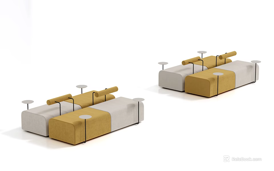 Modern Sofa And Coffee Table Set With Yellow Grey Fabric And Minimalist Metal Legs 3d model 