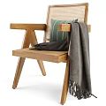 Wooden Frame Leisure Chair With Rattan Backrest Green Striped Cushion And Dark Blanket