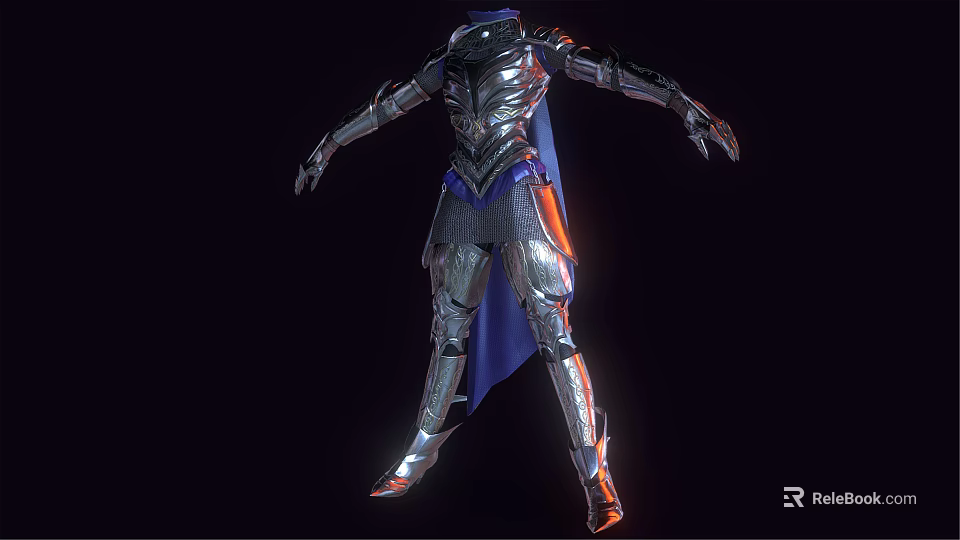Detailed 3D Fantasy Armor Model With Silver Metallic Plates And Blue Cape 3d model 