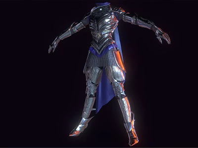 Detailed 3D Fantasy Armor Model With Silver Metallic Plates And Blue Cape 3d model