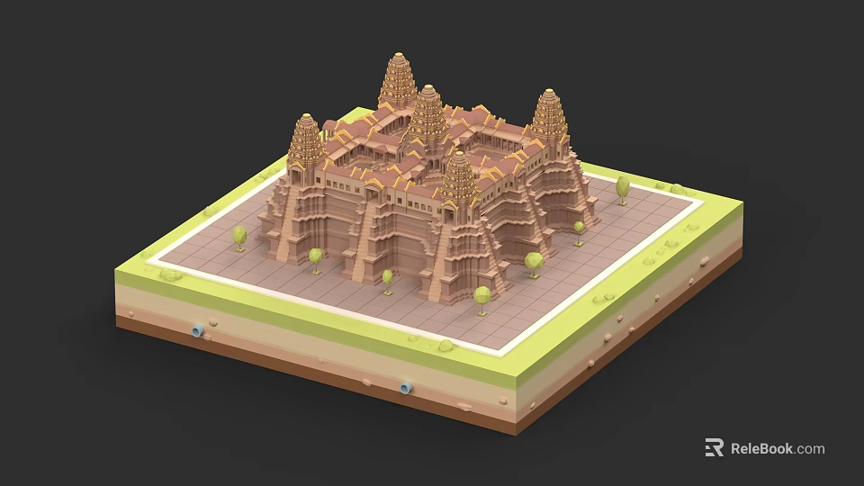 Ancient Architecture Model With Multiple Towers Square Base And Small Trees 3d model 