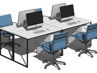 Modern Office Desk Workstation With Computers And Blue Ergonomic Chairs In Open Office Layout 3d model