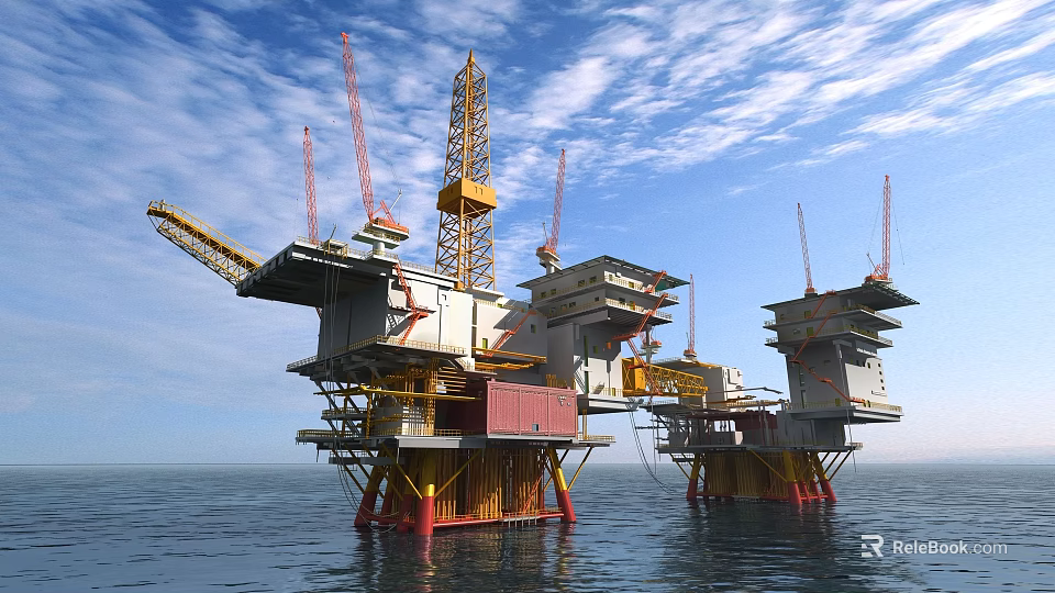 Large Offshore Oil Drilling Platform Industrial Equipment With Tall Derricks and Cranes 3d model 