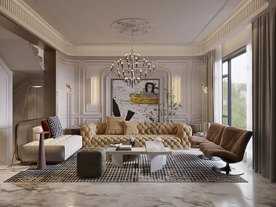 Elegant Modern Living Room Interior With Tufted Sofa Chandelier And Artwork Rug 3d model