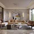 Elegant Modern Living Room Interior With Tufted Sofa Chandelier And Artwork Rug