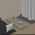 Japanese Style Floor Cushions And Pillows In Bright Room With Wooden Floor And Curtains