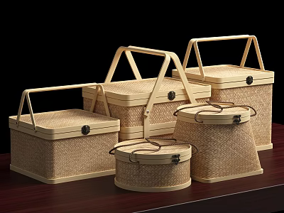 Wicker Storage Baskets With Handles Various Shapes Sizes For Household Essentials On Dark Wooden Tabletop 3d model