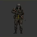 Soldier In Protective Suit With Gas Mask Holding Rifle Standing Pose