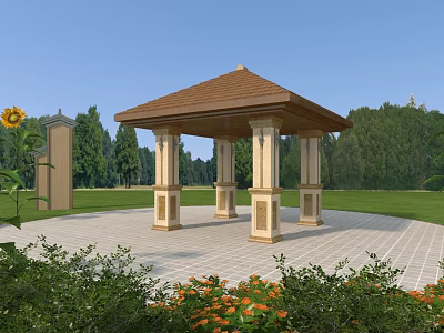 Garden Pavilion With Brown Roof And Stone Columns On Green Lawn Surrounded By Trees And Flowers 3d model
