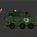 Green Military Wheeled Tank With Flags On Sides And Top Antenna Weapon System